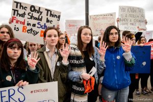 (Trent Nelson | The Salt Lake Tribune)   High school students gathered at the Utah State Capitol in Salt Lake City to mark the anniversary of the Columbine High School massacre and call for action against gun violence, Friday April 20, 2018. Brynna Dow, Olivia Bee, Chloe Harris, and Amanda DeMelo