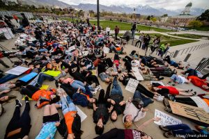 (Trent Nelson | The Salt Lake Tribune)   High school students staged a die-in at the Utah State Capitol in Salt Lake City to mark the anniversary of the Columbine High School massacre and call for action against gun violence, Friday April 20, 2018.