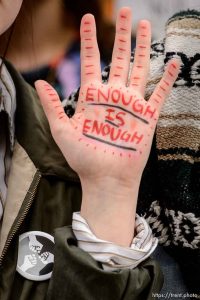 (Trent Nelson | The Salt Lake Tribune)   High school students gathered at the Utah State Capitol in Salt Lake City to mark the anniversary of the Columbine High School massacre and call for action against gun violence, Friday April 20, 2018.