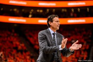 (Trent Nelson | The Salt Lake Tribune)   Utah Jazz host the Oklahoma City Thunder, Game 3, NBA playoff basketball in Salt Lake City, Saturday April 21, 2018. Utah Jazz head coach Quin Snyder.