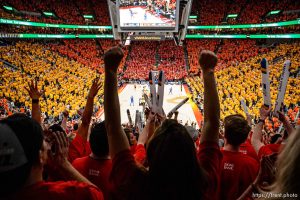 (Trent Nelson | The Salt Lake Tribune)   Utah Jazz host the Oklahoma City Thunder, Game 3, NBA playoff basketball in Salt Lake City, Saturday April 21, 2018. Fans cheer in the fourth quarter.