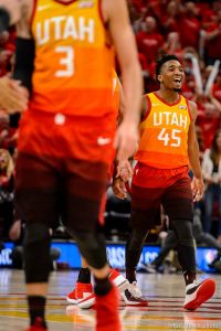 (Trent Nelson | The Salt Lake Tribune)   Utah Jazz host the Oklahoma City Thunder, Game 3, NBA playoff basketball in Salt Lake City, Saturday April 21, 2018. Utah Jazz guard Donovan Mitchell (45).