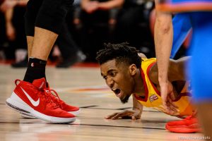 (Trent Nelson | The Salt Lake Tribune)   Utah Jazz host the Oklahoma City Thunder, Game 3, NBA playoff basketball in Salt Lake City, Saturday April 21, 2018. Utah Jazz guard Donovan Mitchell (45) picks up his fourth foul.