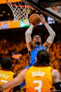 (Trent Nelson | The Salt Lake Tribune)   Utah Jazz host the Oklahoma City Thunder, Game 3, NBA playoff basketball in Salt Lake City, Saturday April 21, 2018. Oklahoma City Thunder guard Russell Westbrook (0).