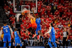 (Trent Nelson | The Salt Lake Tribune)   Utah Jazz host the Oklahoma City Thunder, Game 3, NBA playoff basketball in Salt Lake City, Saturday April 21, 2018. Utah Jazz center Rudy Gobert (27) dunks to give the Jazz a twelve-point lead.