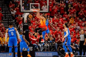 (Trent Nelson | The Salt Lake Tribune)   Utah Jazz host the Oklahoma City Thunder, Game 3, NBA playoff basketball in Salt Lake City, Saturday April 21, 2018. Utah Jazz center Rudy Gobert (27) dunks to give the Jazz a twelve-point lead.