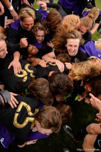 (Trent Nelson | The Salt Lake Tribune)   Desert Hills players celebrate their win over Park City High School in the 4A state championship game, Saturday May 12, 2018.
