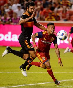 (Trent Nelson | The Salt Lake Tribune)   Real Salt Lake forward Joao Plata (10) makes a run on goal as Real Salt Lake hosts Houston Dynamo, MLS Soccer at Rio Tinto Stadium in Sandy, Utah, Wednesday May 30, 2018.