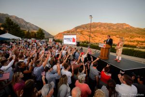 (Trent Nelson | The Salt Lake Tribune)
Mitt Romney speaks in Orem after winning the Republican primary for U.S. Senate, Tuesday June 26, 2018. Ann Romney at right.