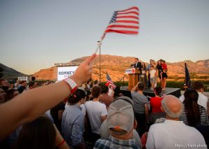 (Trent Nelson | The Salt Lake Tribune) Surrounded by family, Mitt Romney speaks in Orem after winning the Republican primary for U.S. Senate, Tuesday June 26, 2018.