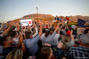 (Trent Nelson | The Salt Lake Tribune) Surrounded by family, Mitt Romney speaks in Orem after winning the Republican primary for U.S. Senate, Tuesday June 26, 2018.