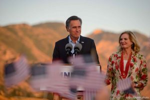 (Trent Nelson | The Salt Lake Tribune) Mitt Romney speaks in Orem after winning the Republican primary for U.S. Senate, Tuesday June 26, 2018. Ann Romney at right.