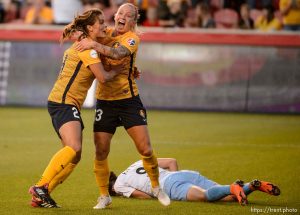 (Trent Nelson | The Salt Lake Tribune)
Utah Royals FC forward Katie Stengel (24) celebrates a goal as the Utah Royals host Sky Blue FC at Rio Tinto Stadium in Sandy, Saturday June 30, 2018. At right is Utah Royals FC midfielder Gunnhildur Jónsdóttir (23).