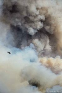 (Trent Nelson | The Salt Lake Tribune)   Helicopters and tankers fight the Dollar Ridge Fire at Strawberry Reservoir, Friday July 6, 2018.
