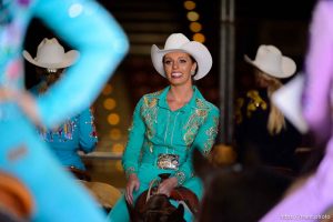 (Trent Nelson | The Salt Lake Tribune)   Contestants in the Miss Utah Rodeo pageant compete in the horsemanship competition at the Golden Spike Arena in Ogden, Thursday July 19, 2018. Jerrica James.