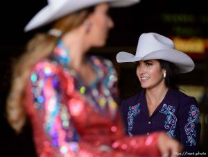 (Trent Nelson | The Salt Lake Tribune)   Contestants in the Miss Utah Rodeo pageant compete in the horsemanship competition at the Golden Spike Arena in Ogden, Thursday July 19, 2018.