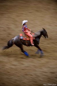 (Trent Nelson | The Salt Lake Tribune)   Contestants in the Miss Utah Rodeo pageant compete in the horsemanship competition at the Golden Spike Arena in Ogden, Thursday July 19, 2018. Shianne Lowe.