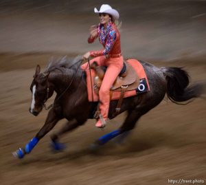 (Trent Nelson | The Salt Lake Tribune)   Contestants in the Miss Utah Rodeo pageant compete in the horsemanship competition at the Golden Spike Arena in Ogden, Thursday July 19, 2018. Shianne Lowe.