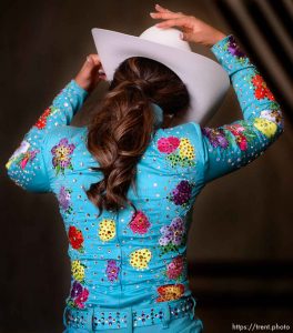 (Trent Nelson | The Salt Lake Tribune)  
Contestants in the Miss Utah Rodeo pageant compete in the horsemanship competition at the Golden Spike Arena in Ogden, Thursday July 19, 2018. McKaylie Richins.
