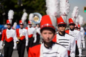 (Trent Nelson | The Salt Lake Tribune)   The Days of '47 Parade in Salt Lake City, Tuesday July 24, 2018. Park City High School's marching band.