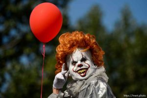 (Trent Nelson | The Salt Lake Tribune)   The Days of '47 Parade in Salt Lake City, Tuesday July 24, 2018. Pennywise the clown.
