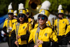 (Trent Nelson | The Salt Lake Tribune)   The Days of '47 Parade in Salt Lake City, Tuesday July 24, 2018. Emery High School Spartan Band.