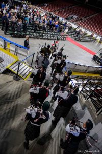 (Trent Nelson | The Salt Lake Tribune)   The Emerald Society Pipe and Drum band at funeral services for Jill Robinson, a West Valley City code-enforcement officer killed on the job last week. The service took place at the Maverik Center in West Valley City on Friday Aug. 17, 2018.