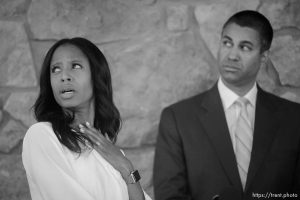 (Trent Nelson | The Salt Lake Tribune)  
FCC Chairman Ajit Pai and Rep. Mia Love react to a passing helicopter while speaking after a roundtable in Eagle Mountain on Thursday Aug. 23, 2018. Rural broadband providers discussed 