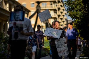 (Trent Nelson | The Salt Lake Tribune)   People gathered in front of the LDS Church Administration Building Salt Lake City, Sunday Sept. 9, 2018 in support of Sam Young. Young was in a disciplinary hearing tonight after he made calls for changes to the church's youth interview process.