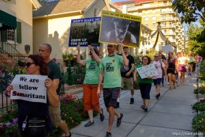 (Trent Nelson | The Salt Lake Tribune)   People gathered in front of the LDS Church Administration Building Salt Lake City, Sunday Sept. 9, 2018 in support of Sam Young. Young was in a disciplinary hearing tonight after he made calls for changes to the church's youth interview process.