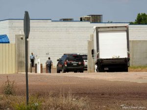 Trent Nelson  |  The Salt Lake Tribune Mohave County Sheriff on scene as UEP Trust eviction on south yard, former FLDS storehouse, Monday May 8, 2017.