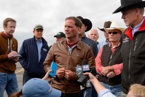 Trent Nelson  |  The Salt Lake Tribune Secretary of the Interior Ryan Zinke, news conference at the Kanab Airport, Wednesday May 10, 2017. matt piper, left, chris stewart speaking