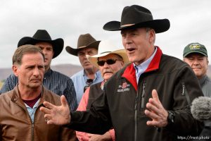 Trent Nelson  |  The Salt Lake Tribune Secretary of the Interior Ryan Zinke speaks at a news conference at the Kanab Airport, Wednesday May 10, 2017. Standing with him were Rep. Chris Stewart and a group of county commissioners.