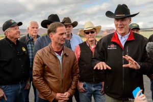Trent Nelson  |  The Salt Lake Tribune Secretary of the Interior Ryan Zinke, right, speaks at a news conference at the Kanab Airport, Wednesday May 10, 2017. Standing with him were Rep. Chris Stewart and a group of county commissioners.
