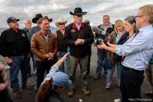 Trent Nelson  |  The Salt Lake Tribune Secretary of the Interior Ryan Zinke speaks at a news conference at the Kanab Airport, Wednesday May 10, 2017. Standing with him were Rep. Chris Stewart and a group of county commissioners.