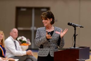 Trent Nelson  |  The Salt Lake Tribune Mohave Community College's Carolyn Hamblin at Water Canyon High School's graduation ceremony in Hildale, Monday May 22, 2017. Two years ago the school had one graduate, this year twenty-five.