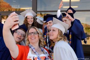 Trent Nelson  |  The Salt Lake Tribune Teacher Jessica Hammett takes a selfie with graduates at Water Canyon High School's graduation ceremony in Hildale, Monday May 22, 2017. Two years ago the school had one graduate, this year twenty-five.