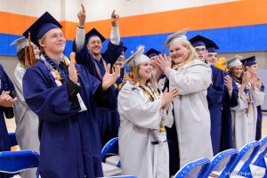Trent Nelson  |  The Salt Lake Tribune Graduates acknowledge their families and supporters at Water Canyon High School's graduation ceremony in Hildale, Monday May 22, 2017. Two years ago the school had one graduate, this year twenty-five.