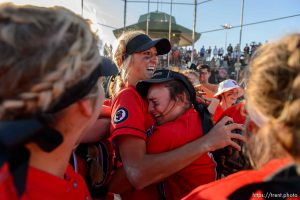 Trent Nelson  |  The Salt Lake Tribune Spanish Fork's Cambrie Hazel, left, is embraced by teammate Gabby Beckstrom as Spanish Fork defeats Uintah High School in the Class 4A softball state title game in Taylorsville, Thursday May 25, 2017.