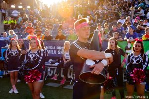(Trent Nelson | The Salt Lake Tribune)  
BYU cheerleaders in the final moments of the 7-6 loss as BYU hosts Northern Illinois, NCAA football in Provo, Saturday Oct. 27, 2018.