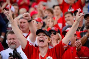 (Trent Nelson | The Salt Lake Tribune)   Northern Illinois fans cheer in the fourth quarter as BYU hosts Northern Illinois, NCAA football in Provo, Saturday Oct. 27, 2018.
