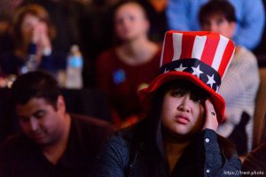 Trent Nelson  |  The Salt Lake Tribune Sophia Keo reacts to results in the Presidential election at the Utah Democrats Election Night Party at the Sheraton Hotel in Salt Lake City, Tuesday November 8, 2016.