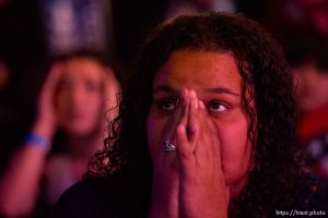 Trent Nelson  |  The Salt Lake Tribune Crystal Evans reacts at the Utah Democrats Election Night Party at the Sheraton Hotel in Salt Lake City, Tuesday November 8, 2016.