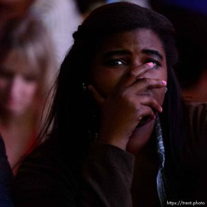 Trent Nelson  |  The Salt Lake Tribune Toree Green reacts to developments in the Presidential election at the Utah Democrats Election Night Party at the Sheraton Hotel in Salt Lake City, Tuesday November 8, 2016.
