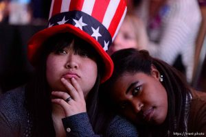Trent Nelson  |  The Salt Lake Tribune Sophia Keo and Toree Green react developments in the Presidential election at the Utah Democrats Election Night Party at the Sheraton Hotel in Salt Lake City, Tuesday November 8, 2016.