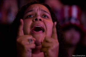 Trent Nelson  |  The Salt Lake Tribune Crystal Evans reacts to developments in the Presidential election at the Utah Democrats Election Night Party at the Sheraton Hotel in Salt Lake City, Tuesday November 8, 2016.
