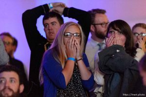 Trent Nelson  |  The Salt Lake Tribune Reaction to developments in the Presidential election at the Utah Democrats Election Night Party at the Sheraton Hotel in Salt Lake City, Tuesday November 8, 2016.