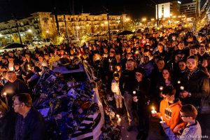 Trent Nelson  |  The Salt Lake Tribune A crowd gathers around the patrol vehicle of West Valley City police officer Cody Brotherson, who was killed Sunday while apparently trying to lay down tire spikes to stop a fleeing stolen car, during a candlelight vigil in his honor Wednesday November 9, 2016.