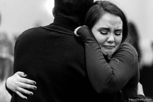 Trent Nelson  |  The Salt Lake Tribune Hunter Law embraces Christopher Flores at the Utah Democrats Election Night Party at the Sheraton Hotel in Salt Lake City, Wednesday November 9, 2016.