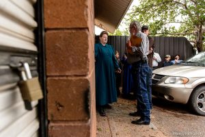 Trent Nelson  |  The Salt Lake Tribune FLDS member Julia Johnson confronts Mohave County Constable Mike Hoggard, disputing the UEP Trust's ability to evict her from a property in Colorado City, AZ, Tuesday May 9, 2017.